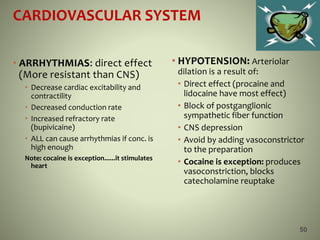 50
CARDIOVASCULAR SYSTEM
• ARRHYTHMIAS: direct effect
(More resistant than CNS)
• Decrease cardiac excitability and
contractility
• Decreased conduction rate
• Increased refractory rate
(bupivicaine)
• ALL can cause arrhythmias if conc. is
high enough
Note: cocaine is exception......it stimulates
heart
• HYPOTENSION: Arteriolar
dilation is a result of:
• Direct effect (procaine and
lidocaine have most effect)
• Block of postganglionic
sympathetic fiber function
• CNS depression
• Avoid by adding vasoconstrictor
to the preparation
• Cocaine is exception: produces
vasoconstriction, blocks
catecholamine reuptake
 
