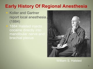 Early History Of Regional Anesthesia
 Koller and Gartner
report local anesthesia
(1884)
 1884 Halsted injects
cocaine directly into
mandibular nerve and
brachial plexus
William S. Halsted
7
 