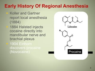 Early History Of Regional Anesthesia
 Koller and Gartner
report local anesthesia
(1884)
 1884 Halsted injects
cocaine directly into
mandibular nerve and
brachial plexus
 1904 Einhorn
discovers procaine
(Novocaine) Procaine
8
 