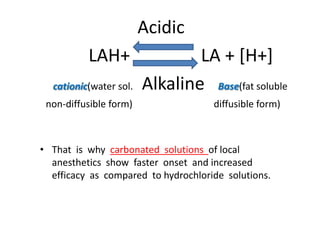 Acidic
LAH+ LA + [H+]
cationic(water sol. Alkaline Base(fat soluble
non-diffusible form) diffusible form)
• That is why carbonated solutions of local
anesthetics show faster onset and increased
efficacy as compared to hydrochloride solutions.
 