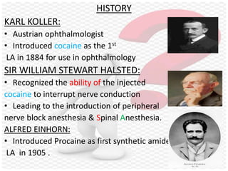 HISTORY
KARL KOLLER:
• Austrian ophthalmologist
• Introduced cocaine as the 1st
LA in 1884 for use in ophthalmology
SIR WILLIAM STEWART HALSTED:
• Recognized the ability of the injected
cocaine to interrupt nerve conduction
• Leading to the introduction of peripheral
nerve block anesthesia & Spinal Anesthesia.
ALFRED EINHORN:
• Introduced Procaine as first synthetic amide
LA in 1905 .
 