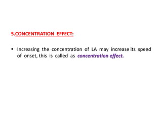 5.CONCENTRATION EFFECT:
 Increasing the concentration of LA may increase its speed
of onset, this is called as concentration effect.
 