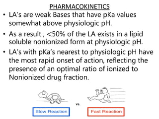 PHARMACOKINETICS
• LA’s are weak Bases that have pKa values
somewhat above physiologic pH.
• As a result , <50% of the LA exists in a lipid
soluble nonionized form at physiologic pH.
• LA’s with pKa’s nearest to physiologic pH have
the most rapid onset of action, reflecting the
presence of an optimal ratio of ionized to
Nonionized drug fraction.
 
