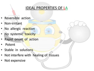 IDEAL PROPERTIES OF LA
• Reversible action
• Non-irritant
• No allergic reaction
• No systemic toxicity
• Rapid onset of action
• Potent
• Stable in solutions
• Not interfere with healing of tissues
• Not expensive
 