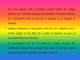• The LAs interact with a receptor situated within the voltage
sensitive Na+ channel and raise the threshold of channel opening:
Na+ permeability fails to increase in response to an impulse or
stimulus.
• Impulse conduction is interrupted when the Na+ channels over a
critical length of the fibre (2–3 nodes of Ranvier in case of
myelinated fibres) are blocked.
• At physiological pH, the LA molecule is partly ionized. The
equilibrium between the unionized base form (B) and the ionized
cationic form (BH+) depends on the pKa of the LA.
 
