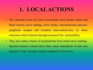 1. LOCALACTIONS
• The clinically used LAs have no/minimal local irritant action and
block sensory nerve endings, nerve trunks, neuromuscular junction,
ganglionic synapse and receptors (non-selectively), i.e. those
structures which function through increased Na+ permeability.
• They also reduce release of acetylcholine from motor nerve endings.
Injected around a mixed nerve they cause anaesthesia of skin and
paralysis of the voluntary muscle supplied by that nerve.
 