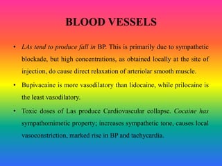 BLOOD VESSELS
• LAs tend to produce fall in BP. This is primarily due to sympathetic
blockade, but high concentrations, as obtained locally at the site of
injection, do cause direct relaxation of arteriolar smooth muscle.
• Bupivacaine is more vasodilatory than lidocaine, while prilocaine is
the least vasodilatory.
• Toxic doses of Las produce Cardiovascular collapse. Cocaine has
sympathomimetic property; increases sympathetic tone, causes local
vasoconstriction, marked rise in BP and tachycardia.
 