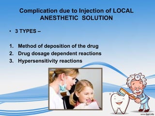 Complication due to Injection of LOCAL
ANESTHETIC SOLUTION
• 3 TYPES –
1. Method of deposition of the drug
2. Drug dosage ...