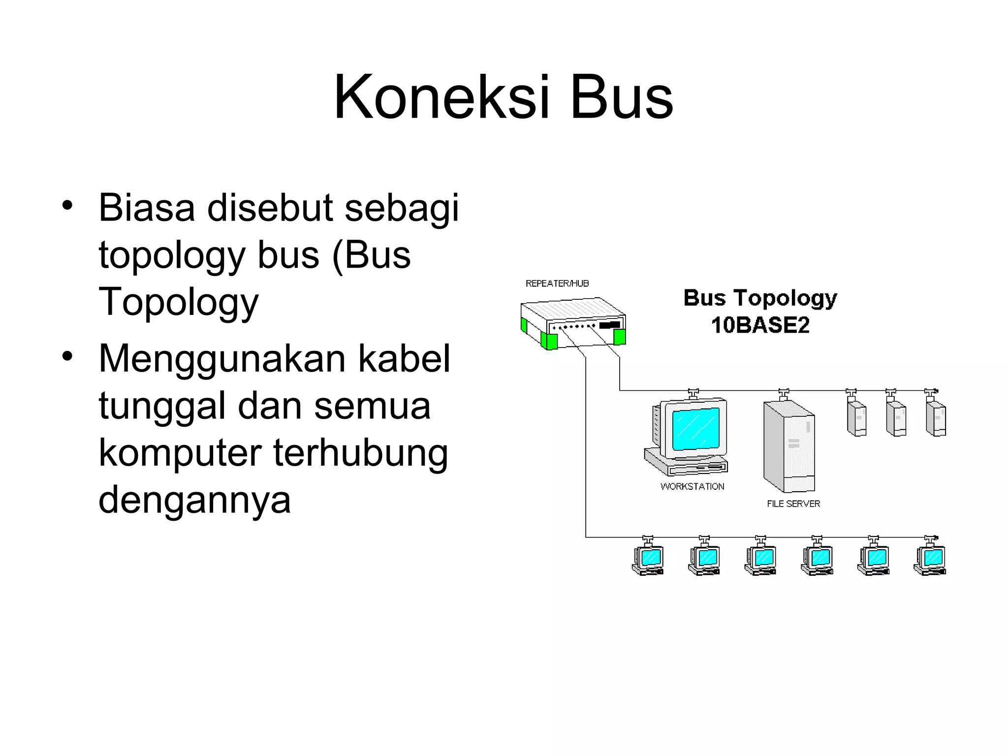 Koneksi Bus
• Biasa disebut sebagi
  topology bus (Bus
  Topology
• Menggunakan kabel
  tunggal dan semua
  komputer terhubung
  dengannya
 
