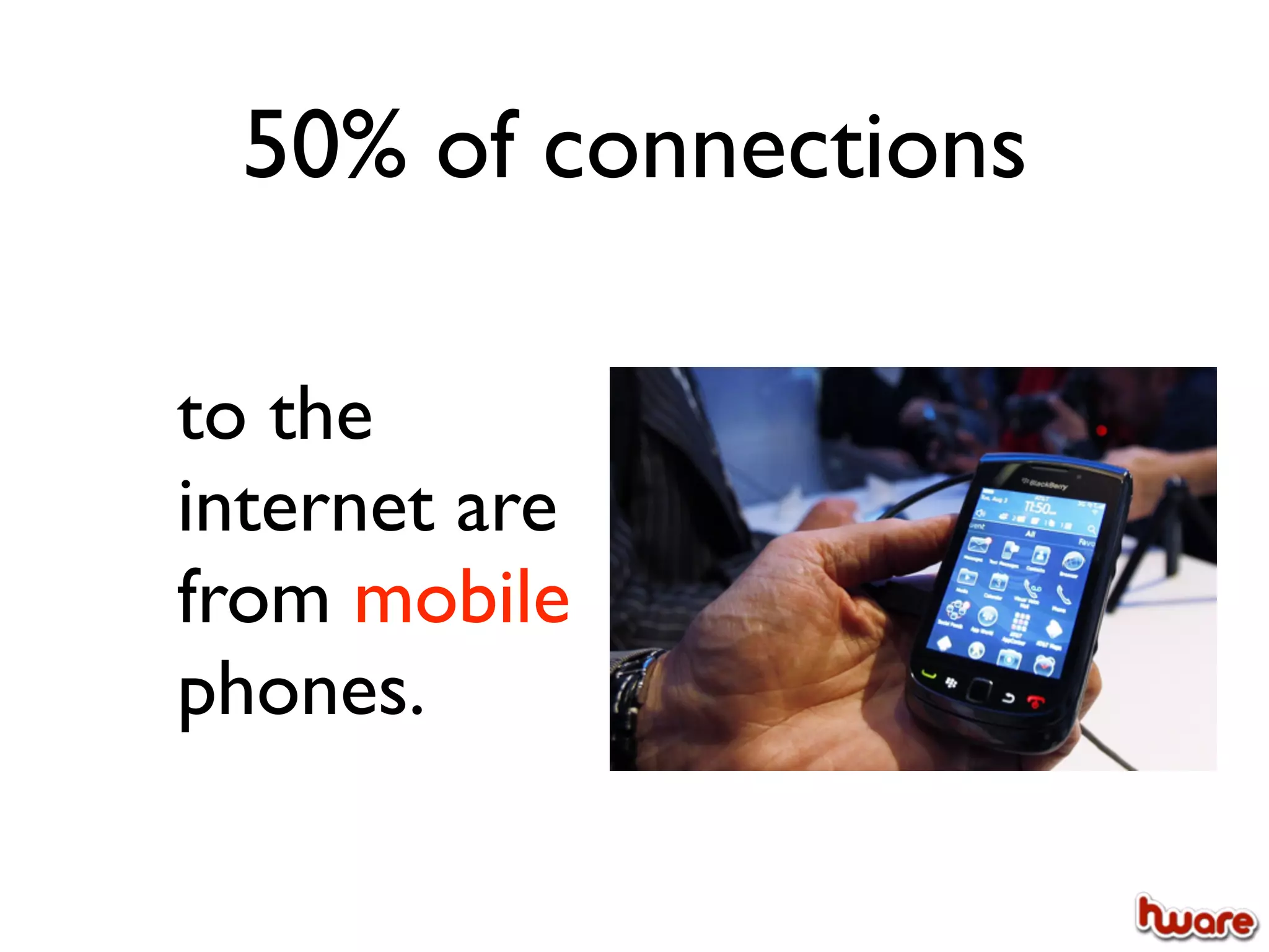 50% of connections

to the
internet are
from mobile
phones.
 