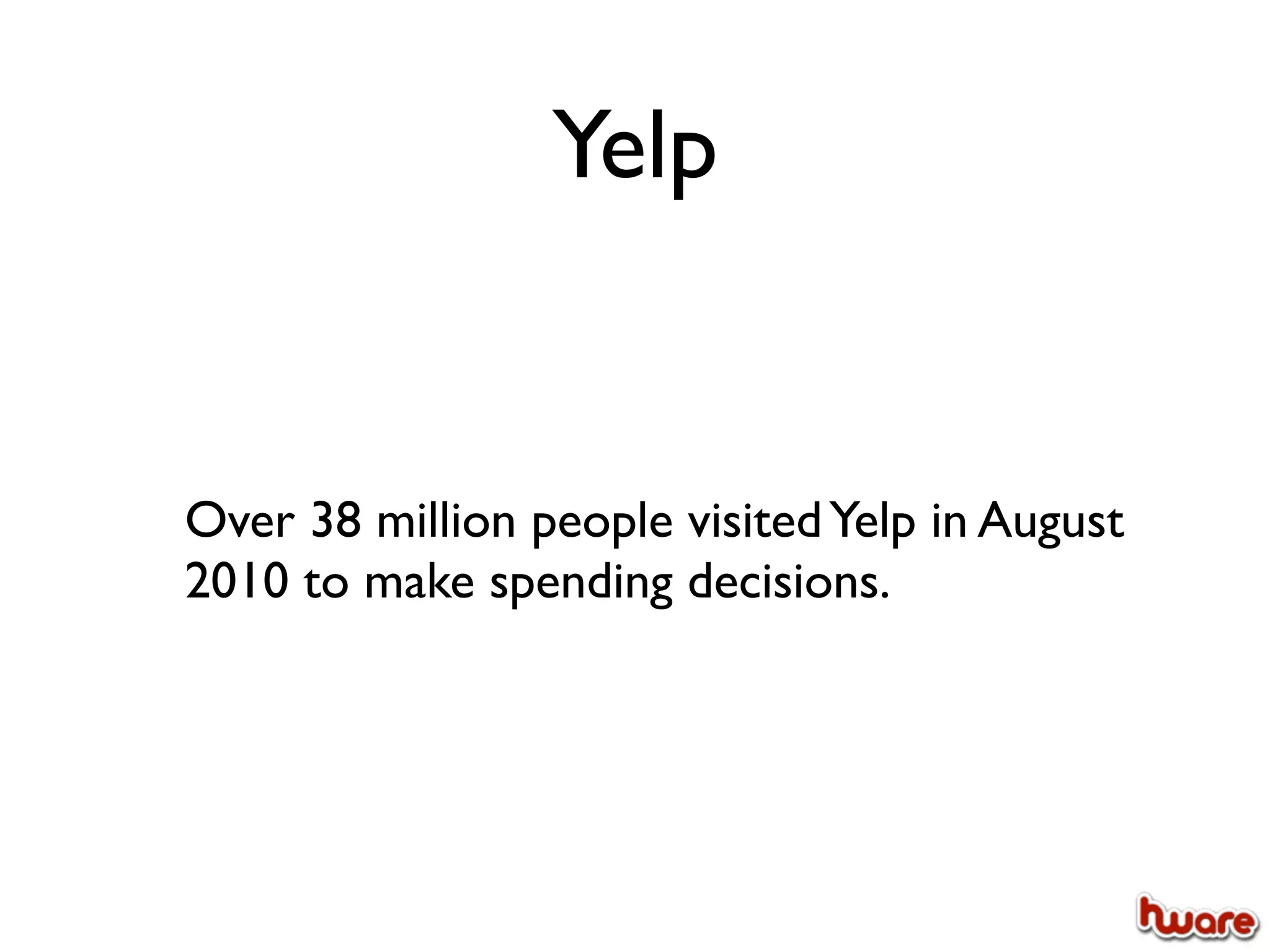 Yelp


Over 38 million people visited Yelp in August
2010 to make spending decisions.
 