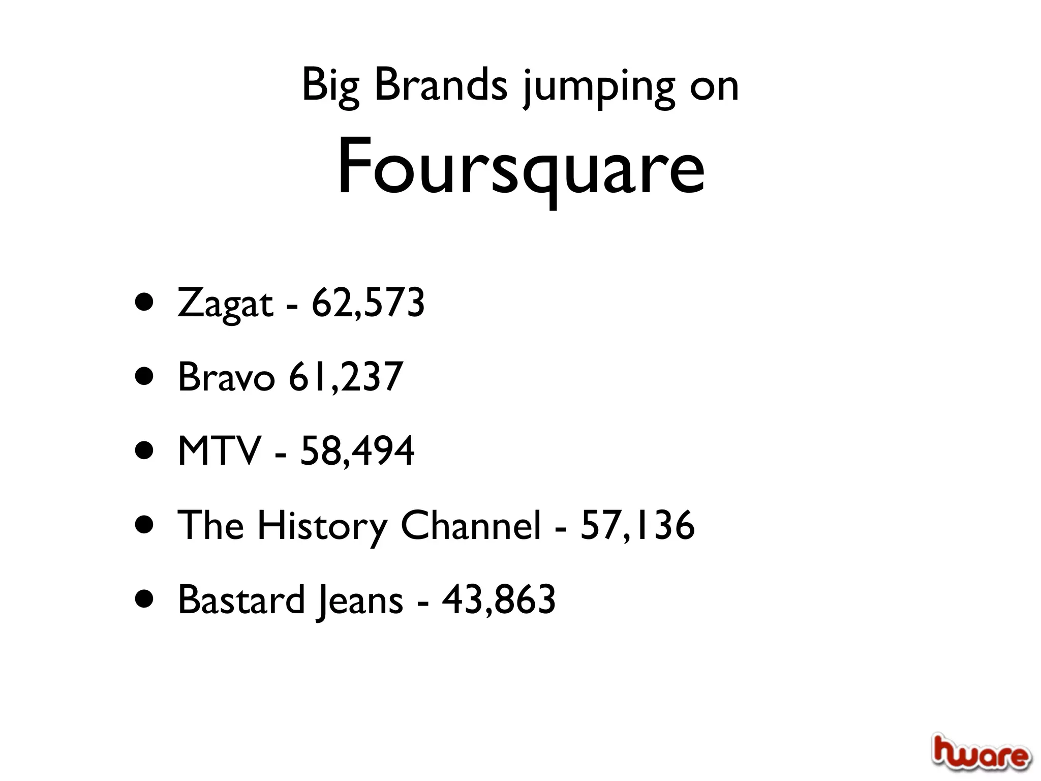 Big Brands jumping on
          Foursquare
• Zagat - 62,573
• Bravo 61,237
• MTV - 58,494
• The History Channel - 57,136
• Bastard Jeans - 43,863
 