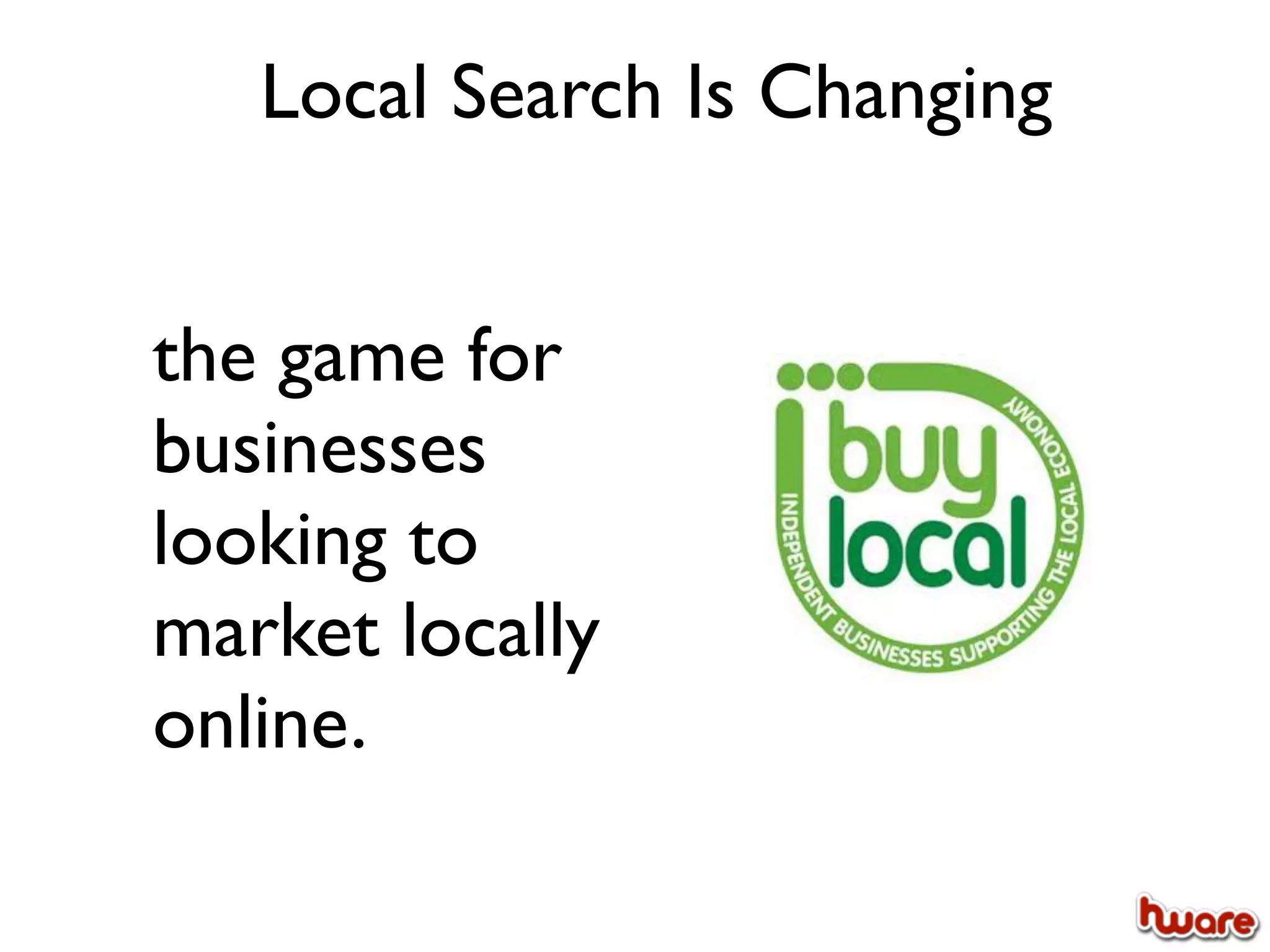 Local Search Is Changing


the game for
businesses
looking to
market locally
online.
 