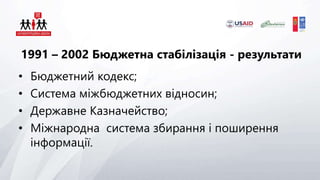 1991 – 2002 Бюджетна стабілізація - результати
• Бюджетний кодекс;
• Система міжбюджетних відносин;
• Державне Казначейство;
• Міжнародна система збирання і поширення
інформації.
 