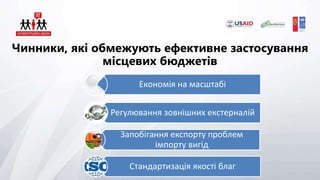 Чинники, які обмежують ефективне застосування
місцевих бюджетів
Економія на масштабі
Регулювання зовнішних екстерналій
Запобігання експорту проблем
імпорту вигід
Стандартизація якості благ
 