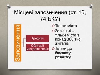 Місцеві запозичення (ст. 16, 
74 БКУ) 
Запозичення 
Кредити 
Облігації 
місцевих позик 
OТільки міста 
OЗовнішні – 
тільки міста з 
понад 300 тис. 
жителів 
OТільки до 
бюджету 
розвитку 
 