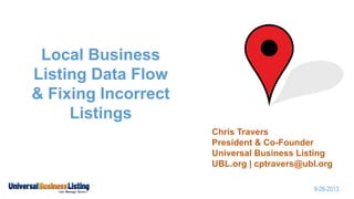 Local Business
Listing Data Flow
& Fixing Incorrect
Listings
Chris Travers
President & Co-Founder
Universal Business Listing
UBL.org | cptravers@ubl.org
9-26-2013

 
