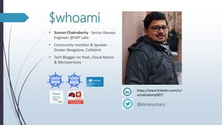 $whoami
 Suman Chakraborty - Senior Devops
Engineer @SAP Labs
 Community member & Speaker -
Docker Bangalore, Collabnix
 Tech Blogger on PaaS, Cloud-Native
& Microservices
https://www.linkedin.com/in/
schakraborty007/
@itsmesumanc
 