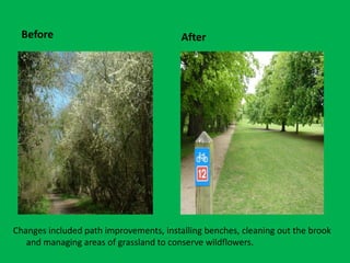 Before
Changes included path improvements, installing benches, cleaning out the brook
and managing areas of grassland to conserve wildflowers.
After
 