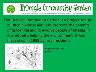 The Triangle Community Garden is a project set up
in Hitchin whose aim is to promote the benefits
of gardening and to involve people of all ages in
it whilst also helping the environment. It was
first set up in 1999 by local residents.
Original map of the
garden.
 