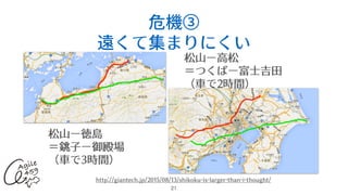 危機③
遠くて集まりにくい
21
http://giantech.jp/2015/08/13/shikoku-is-larger-than-i-thought/
松⼭ー⾼松
＝つくばー富⼠吉⽥
（⾞で2時間）
松⼭ー徳島
＝銚⼦ー御殿場
（⾞で3時間）
 