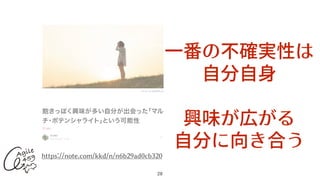 28
https://note.com/kkd/n/n6b29ad0cb320
⼀番の不確実性は
⾃分⾃⾝
興味が広がる
⾃分に向き合う
 