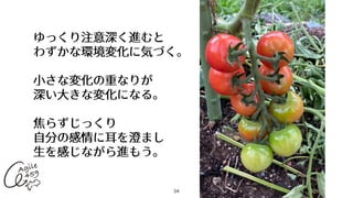 34
ゆっくり注意深く進むと
わずかな環境変化に気づく。
⼩さな変化の重なりが
深い⼤きな変化になる。
焦らずじっくり
⾃分の感情に⽿を澄まし
⽣を感じながら進もう。
 