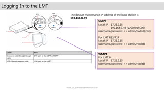 Logging In to the LMT
The default maintenance IP address of the base station is
192.168.0.49
UMPT
Local IP 17.21.2.15
192.168.0.49 (V200R015C00)
username/password >> admin/hwbs@com
For LMT R13/R14
Local IP 17.21.2.15
username/password >> admin/NodeB
WMPT
For LMT 6
Local IP 17.21.2.15
username/password >> admin/NodeB
made_aa_putrawan@telkomsel.co.id
 