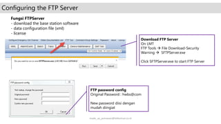 Configuring the FTP Server
Fungsi FTPServer
- download the base station software
- data configuration file (xml)
- license
FTP password config
Original Password : hwbs@com
New password diisi dengan
mudah diingiat
Download FTP Server
On LMT
FTP Tools  File Download-Security
Warning  SFTPServer.exe
Click SFTPServer.exe to start FTP Server
made_aa_putrawan@telkomsel.co.id
 