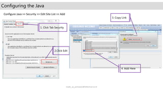 Configuring the Java
1. Click Tab Security
2.Click Edit
3. Copy Link
4. Add Here
Configure Java >> Security >> Edit Site List >> Add
made_aa_putrawan@telkomsel.co.id
 