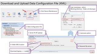 Download and Upload Data Configuration File (XML)
1. Click Device Maintenance
2. Data Configuration File
3. Server IP (IP Laptop)
4. Folder XML location
5. Username admin
6. Password ftp server
User name/pass : admin
Working directory : folder xml disimpan
Download (laptop >> nodeb) made_aa_putrawan@telkomsel.co.id
 