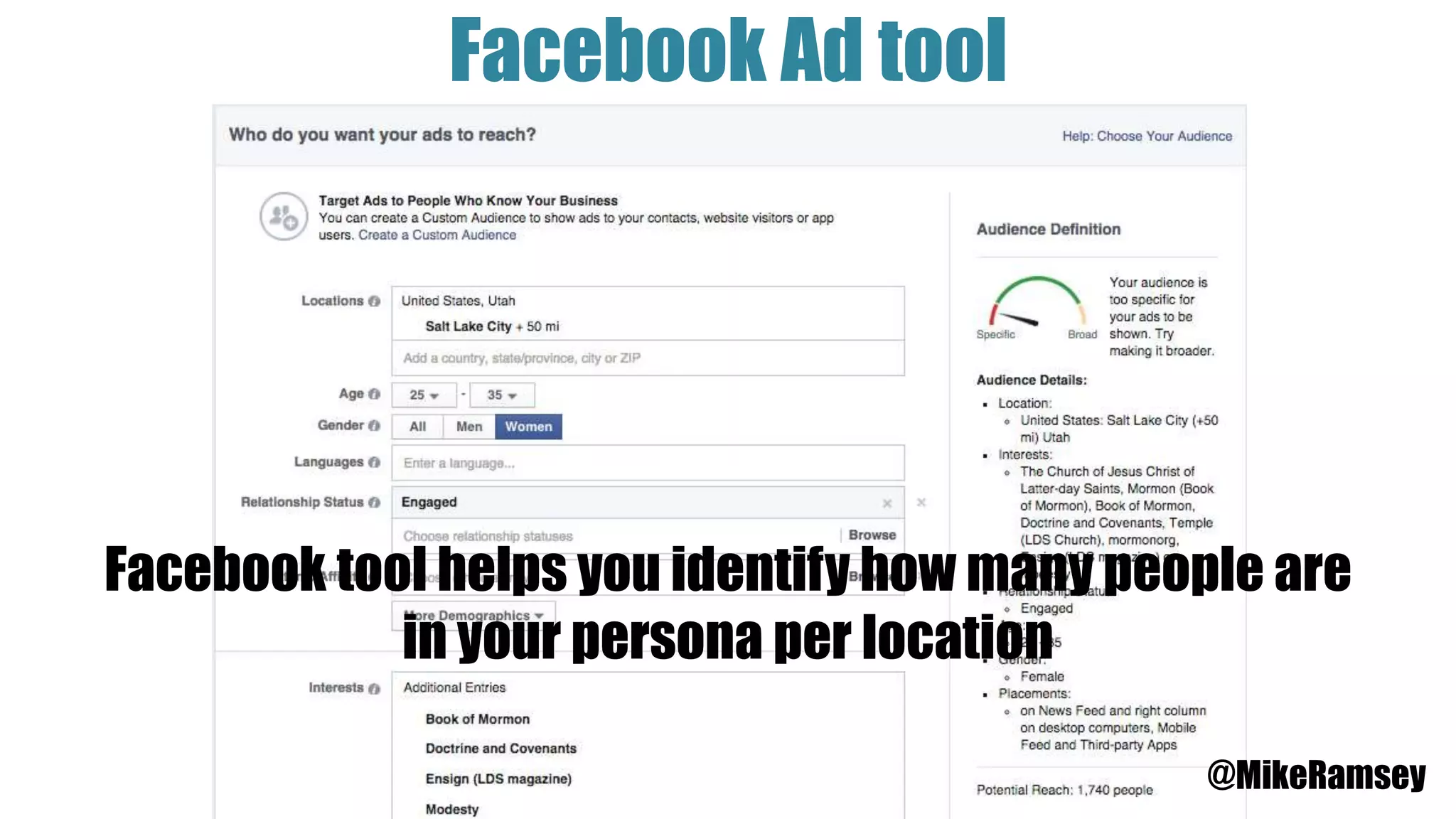 Facebook Ad tool
@MikeRamsey
Facebook tool helps you identify how many people are
in your persona per location
 