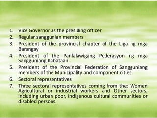 MEMBERS OF THE BODY:
PROVINCIAL LEVEL
1. Vice Governor as the presiding officer
2. Regular sanggunian members
3. President of the provincial chapter of the Liga ng mga
Barangay
4. President of the Panlalawigang Pederasyon ng mga
Sangguniang Kabataan
5. President of the Provincial Federation of Sangguniang
members of the Municipality and component cities
6. Sectoral representatives
7. Three sectoral representatives coming from the: Women
Agricultural or industrial workers and Other sectors,
including urban poor, indigenous cultural communities or
disabled persons.
 
