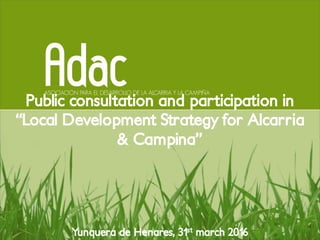 Public consultation and participation in
“Local Development Strategy for Alcarria
& Campina”
Yunquera de Henares, 31st march 2016
 