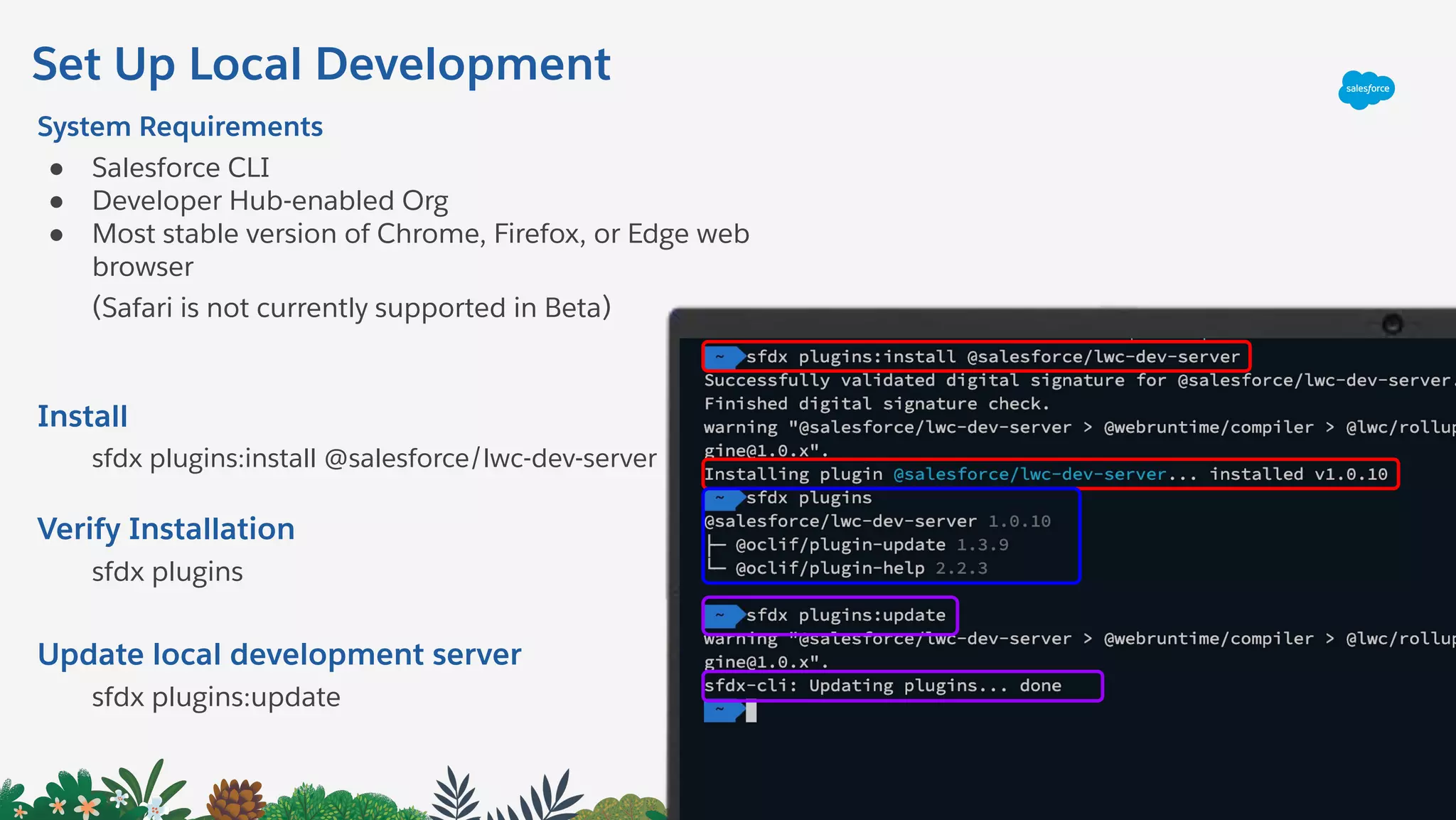 Set Up Local Development
Install
sfdx plugins:install @salesforce/lwc-dev-server
Verify Installation
sfdx plugins
Update local development server
sfdx plugins:update
System Requirements
● Salesforce CLI
● Developer Hub-enabled Org
● Most stable version of Chrome, Firefox, or Edge web
browser
(Safari is not currently supported in Beta)
 