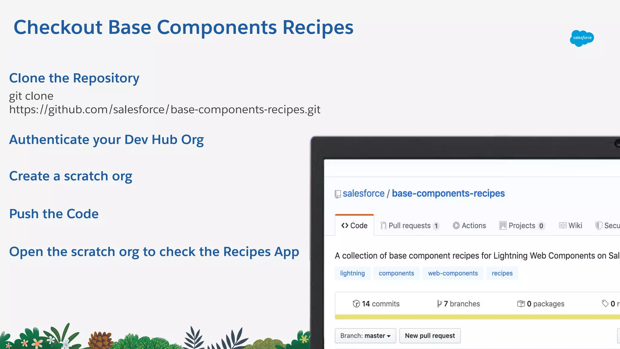 Checkout Base Components Recipes
Clone the Repository
git clone
https://github.com/salesforce/base-components-recipes.git
Authenticate your Dev Hub Org
Create a scratch org
Push the Code
Open the scratch org to check the Recipes App
 