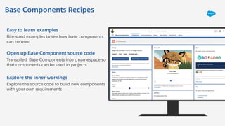 Base Components Recipes
Easy to learn examples
Bite sized examples to see how base components
can be used
Open up Base Component source code
Transpiled Base Components into c namespace so
that components can be used in projects
Explore the inner workings
Explore the source code to build new components
with your own requirements
 