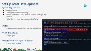 Set Up Local Development
Install
sfdx plugins:install @salesforce/lwc-dev-server
Verify Installation
sfdx plugins
Update local development server
sfdx plugins:update
System Requirements
● Salesforce CLI
● Developer Hub-enabled Org
● Most stable version of Chrome, Firefox, or Edge web
browser
(Safari is not currently supported in Beta)
 