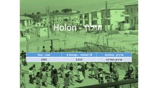 Holon - ‫חולון‬
Year - ‫שנה‬ # listings - #‫רשומות‬ Archive - ‫ארכיון‬
1945 3,014 ‫המדינה‬ ‫ארכיון‬
 