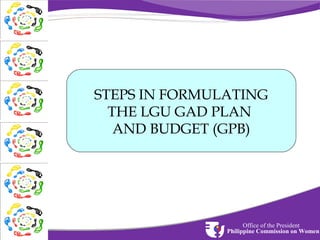 STEPS IN FORMULATING
THE LGU GAD PLAN
AND BUDGET (GPB)

Office of the President
Philippine Commission on Women

 