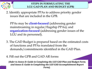 STEPS IN FORMULATING THE
LGU GAD PLAN AND BUDGET (GPB)

2. Identify appropriate PPAs to address priority gender
issues that are included in the GPB.
PPAs may be client-focused (addressing gender
mainstreaming in regular/flagship PPAs); and
organization-focused (addressing gender issues of the
LGU and its personnel).
3. The GAD Budget is prepared based on the estimated costs
of functions and PPAs translated from the
demands/commitments identified in the GAD Plan.
4. Fill out the GPB and GAD AR forms
(Refer to Annex D: Guide in Completing the LGU GAD Plan and Budget Form;
and Annex E: Guide in Completing the LGU GAD Accomplishment Report
Office of the President
Philippine Commission on Women
Form).

 