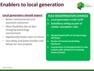 Enablers to local generation 
RULE MODERNISATION CHANGES 
1. Local generation credit tariff 
2. Subsidiary selling as part of 
retailer exemption rules 
3. Recognising benefits of sharing energy 
efficiently 
4. Review of Commercial Building 
Disclosure 
5. Incorporation of local generation in new 
projects with solutions for incoming 
owners (strata) 
Local generators should expect 
• Better environmental and 
economic outcomes 
• More flexibility due to fast-changing 
technology 
environment 
• Significantly better rates of return 
• Less delay and fewer hurdles and 
delays for new projects 
Source: City of Sydney 
 