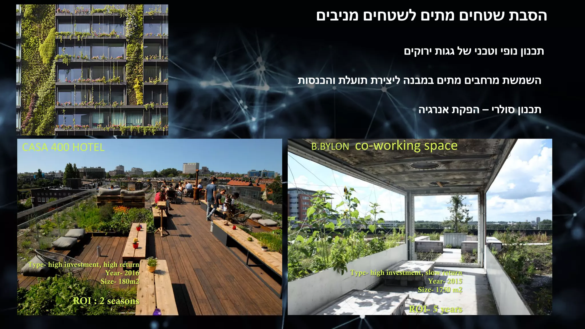 ‫ת‬‫כ‬‫נ‬‫ו‬‫ן‬‫נ‬‫ו‬‫פ‬‫י‬‫ו‬‫ט‬‫כ‬‫נ‬‫י‬‫ש‬‫ל‬‫ג‬‫ג‬‫ו‬‫ת‬‫י‬‫ר‬‫ו‬‫ק‬‫י‬‫ם‬
‫ה‬‫ש‬‫מ‬‫ש‬‫ת‬‫מ‬‫ר‬‫ח‬‫ב‬‫י‬‫ם‬‫מ‬‫ת‬‫י‬‫ם‬‫ב‬‫מ‬‫ב‬‫נ‬‫ה‬‫ל‬‫י‬‫צ‬‫י‬‫ר‬‫ת‬‫ת‬‫ו‬‫ע‬‫ל‬‫ת‬‫ו‬‫ה‬‫כ‬‫נ‬‫ס‬‫ו‬‫ת‬
‫ת‬‫כ‬‫נ‬‫ו‬‫ן‬‫ס‬‫ו‬‫ל‬‫ר‬‫י‬–‫ה‬‫פ‬‫ק‬‫ת‬‫א‬‫נ‬‫ר‬‫ג‬‫י‬‫ה‬
‫ה‬‫ס‬‫ב‬‫ת‬‫ש‬‫ט‬‫ח‬‫י‬‫ם‬‫מ‬‫ת‬‫י‬‫ם‬‫ל‬‫ש‬‫ט‬‫ח‬‫י‬‫ם‬‫מ‬‫נ‬‫י‬‫ב‬‫י‬‫ם‬
Type- high investment, high return
Year- 2016
Size- 180m2
ROI : 2 seasons
Type- high investment, slow return
Year- 2015
Size- 1750 m2
ROI- 5 years
CASA 400 HOTEL B.BYLON co-working space
 