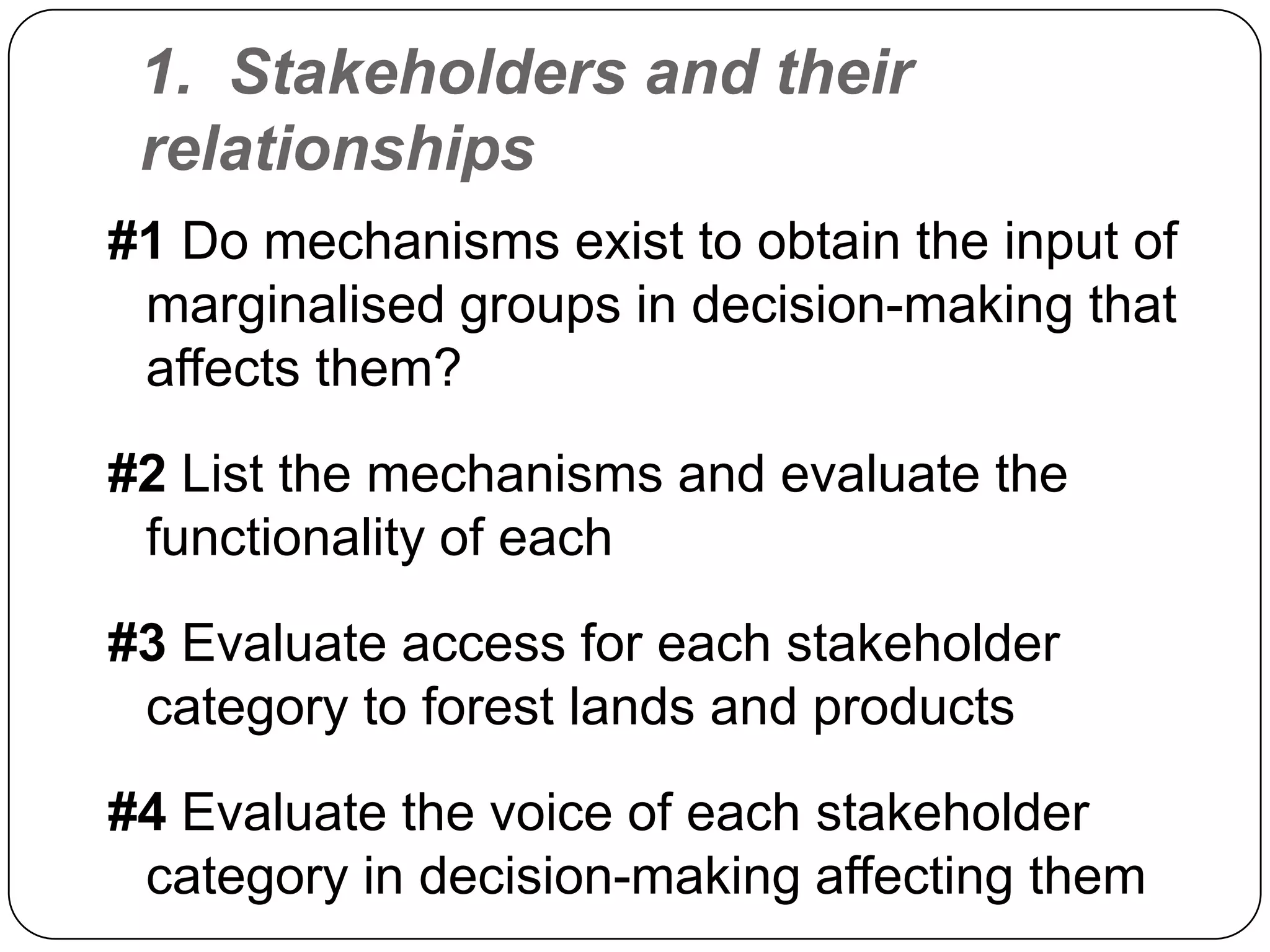 1.  Stakeholders and their relationships#1 Do mechanisms exist to obtain the input of marginalised groups in decision-making that affects them?#2 List the mechanisms and evaluate the functionality of each#3 Evaluate access for each stakeholder category to forest lands and products#4 Evaluate the voice of each stakeholder category in decision-making affecting them 