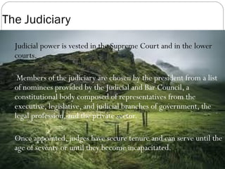 Philippine System of 
Government and Politics 
From the time when the Philippines declared itself a 
sovereign state in 1898, the nation has had four 
major constitutions: 
(1) the 1899constitution, which established the first republic 
in Asia; 
(2) the 1935 constitution, which served as the basic law during 
the period of self-government while the Philippines was still 
under American rule and after it became independent in 
1946; 
(3) the 1973 constitution, which allowed Ferdinand Marcos to 
continue to hold office as president; and 
(4) the 1987 constitution, upon which the present 
government is based, which essentially restored institutions 
and processes dismantled by Marcos during his regime 
 