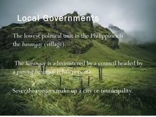 The Executive Branch 
As chief executive, the president has the power to 
execute laws. 
The president is assisted by a cabinet, which currently 
comprises twenty-three departments. 
Among the more important departments are Foreign 
Affairs, National Defense, Finance, Interior and Local 
Government, Justice, and Trade and Industry. 
Both president and vice president are elected at large 
for a six-year term with no possibility of reelection. 
The executive branch consists of the President and his 
Cabinet. The Senate and the House of Representatives 
make up the bicameral legislature. The Supreme Court 
heads the systems of courts under the judicial branch. 
 