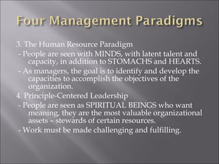  PCL is practiced at different levels: 
1. Personal – relationship with oneself; 
2. Interpersonal – relationship and interactions 
with others; 
3. Managerial – responsibility to get a job done 
with others; and, 
4. Organizational – need to recruit, train, and 
compensate people, build teams, solve 
problems, and create aligned structure, 
strategy and systems. 
 