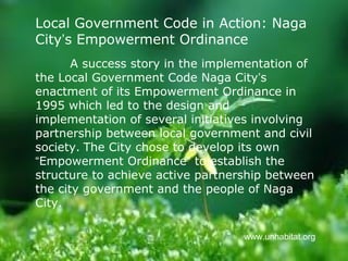 Best Practices in Local 
Governance 
Peace and Security 
Disaster and Risk Reduction 
 