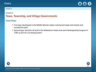 Civics
Chapter 9
Copyright © by Houghton Mifflin Harcourt Publishing Company
Next
Previous
Townships
• First type: developed in the Middle Atlantic states; maintained roads and schools and
assisted the poor
• Second type: divisions of land in the Midwestern states that were developed by Congress in
1785 as part of a surveying system
Town, Township, and Village Governments
Section-2
 