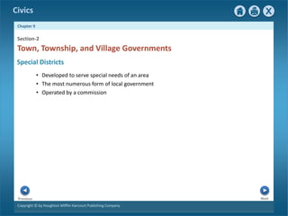 Civics
Chapter 9
Copyright © by Houghton Mifflin Harcourt Publishing Company
Next
Previous
Special Districts
• Developed to serve special needs of an area
• The most numerous form of local government
• Operated by a commission
Town, Township, and Village Governments
Section-2
 